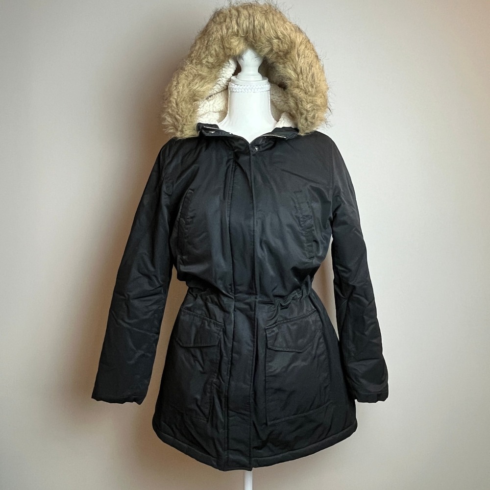 Levi's Womens Parka Hooded Sherpa Lined Faux Fur Black Winter Coat Anorak